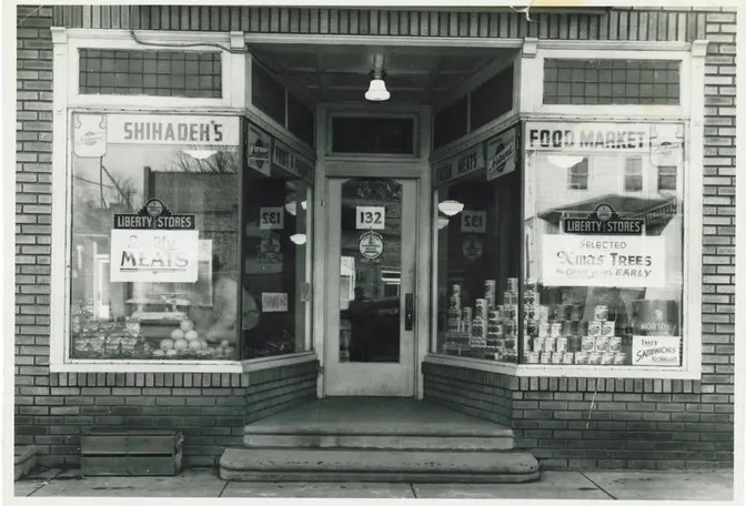 Shihadeh's Food Market, a corner grocery with Liberty Stores signage, around 1950